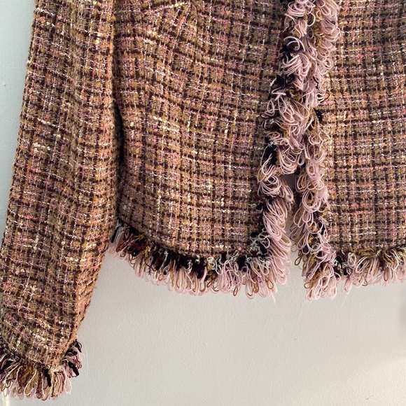 ABS by Allen Schwartz tweed blazer w/fringe accents. Size 8. Pink, tan, brown - Picture 2 of 9